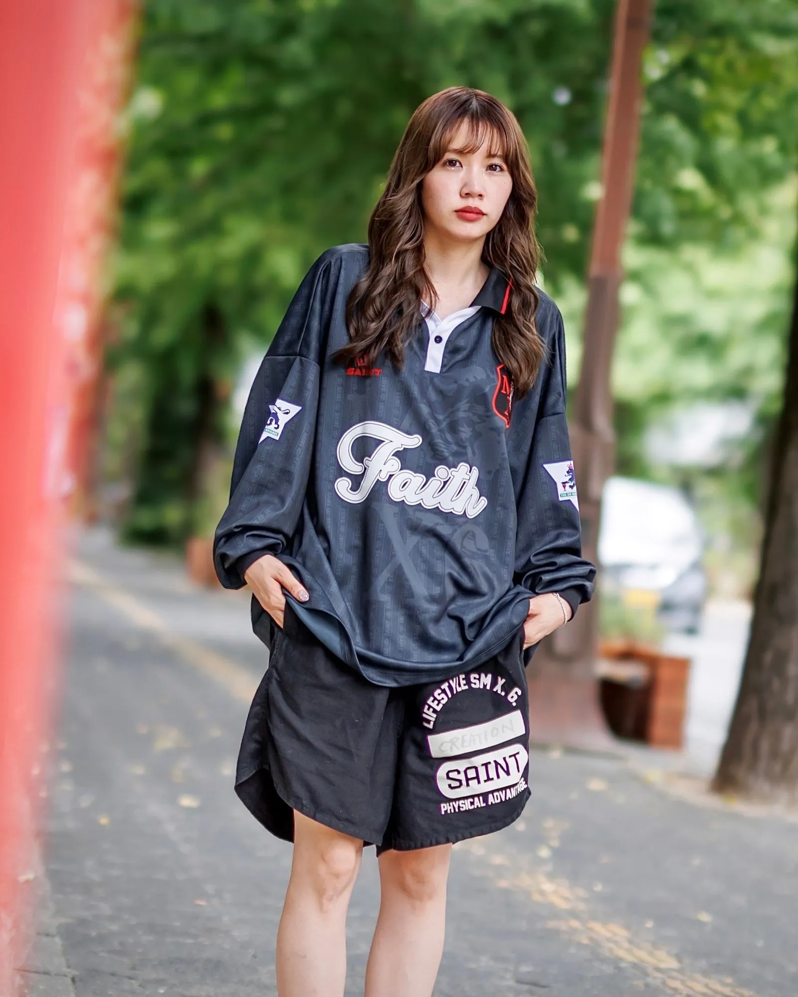 SAINT M×××××× SOCCER SHIRT 'FAITH'/BLK FAITH Football Long Sleeve Black S-XL This design has a lot of craftsmanship Digital fabric printing/front positioning printing laser cutting Offset printing + flocking printing + embossing Imported Behringer machine embroidery Flat machine collar + cuffs Genuine consistent main mark/wash mark/cherub mark